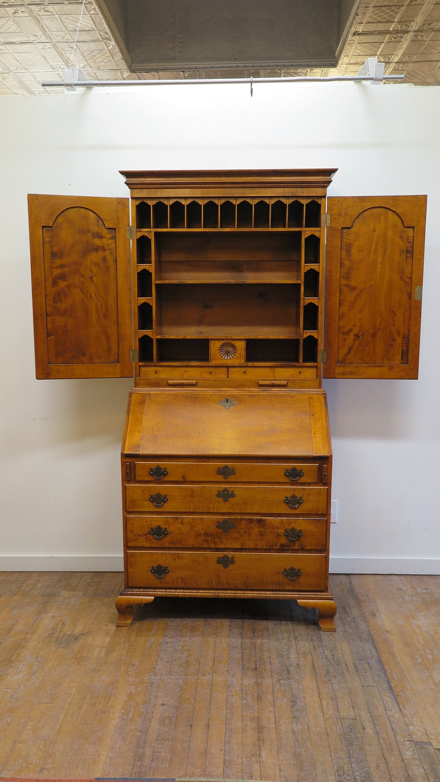 Tiger Maple Secretary Chippendale Style by Kurt Richenburg