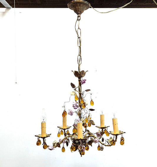 1940 French Tole Bronze with Ceramic Flowers Chandelier