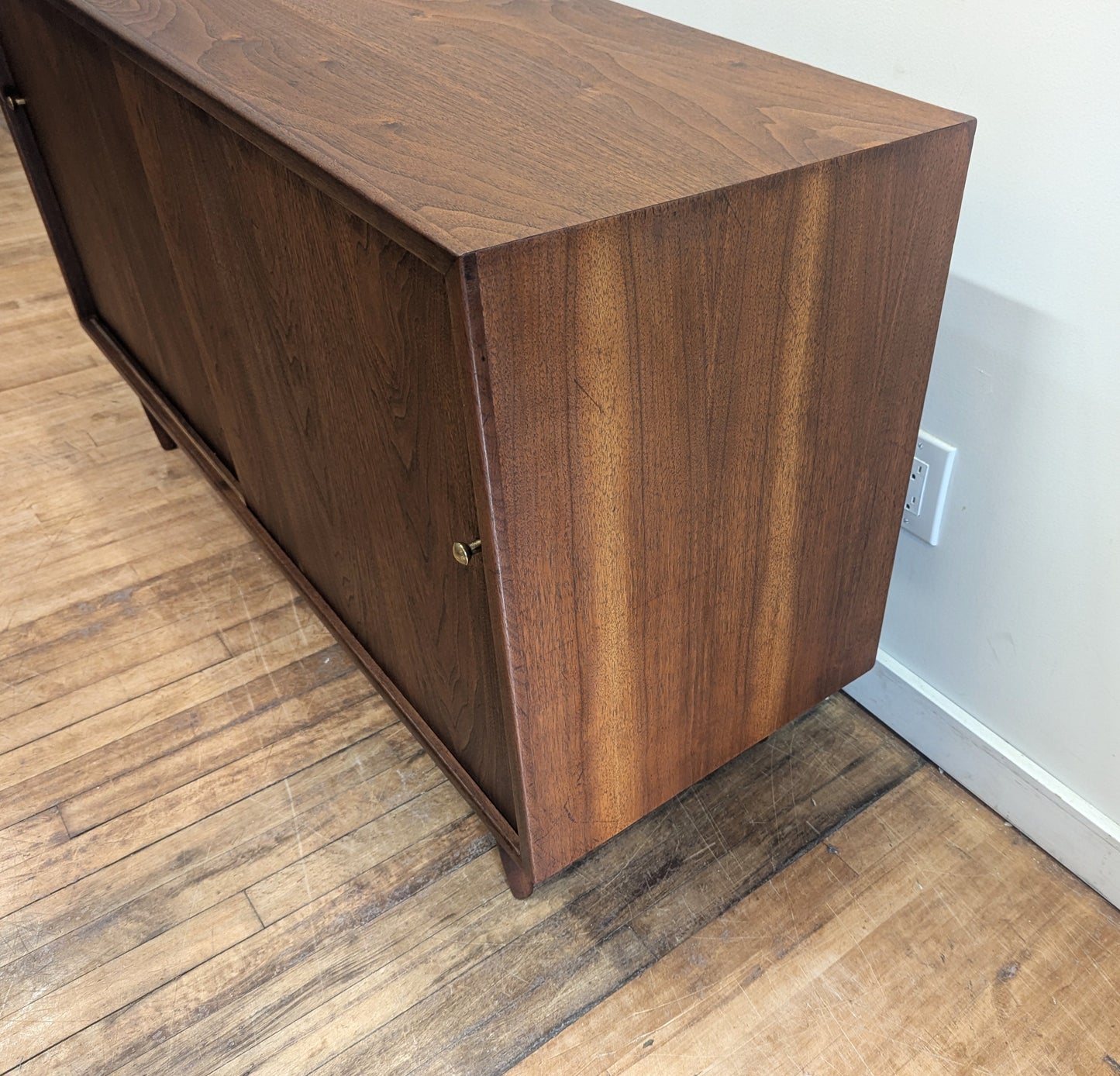 Mid-Century Modern Walnut Credenza Sideboard, Brass Accents, USA, 1960