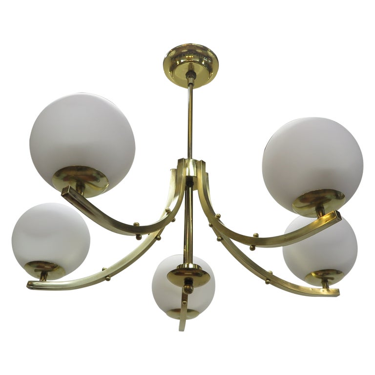 Mid Century Brass & Glass Chandelier Lightolier