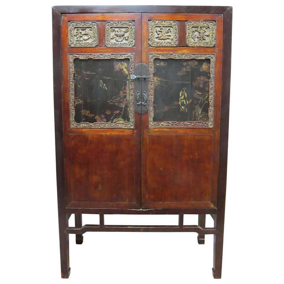 19th Century Fujian Province Cabinet – Cypress Wood carved Scenes