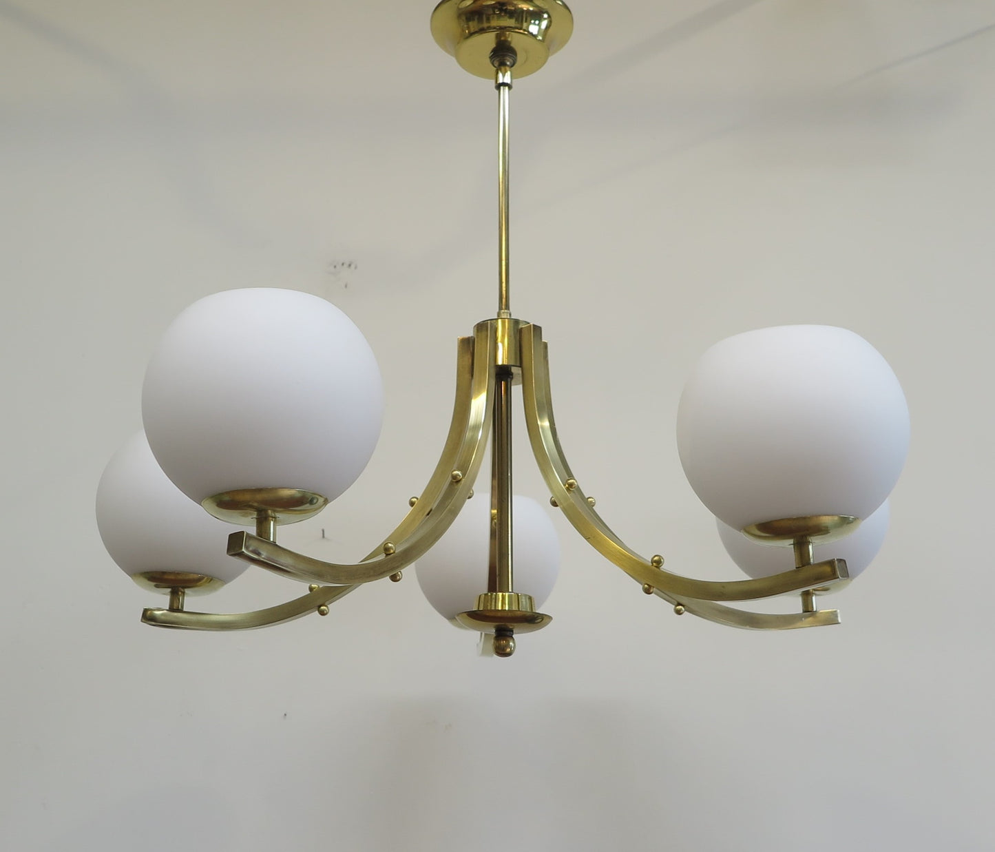 Mid Century Brass & Glass Chandelier Lightolier