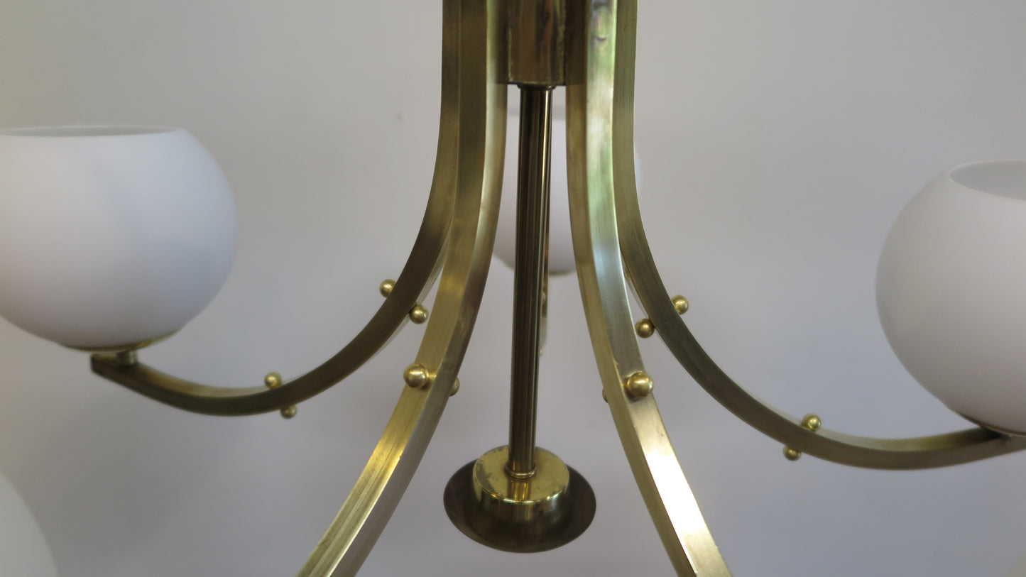 Mid Century Brass & Glass Chandelier Lightolier