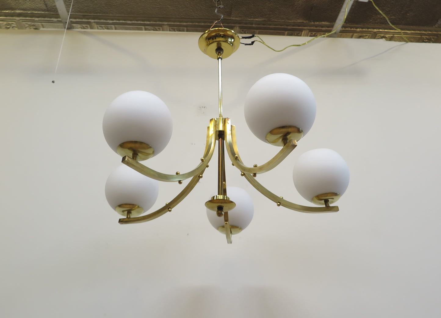 Mid Century Brass & Glass Chandelier Lightolier