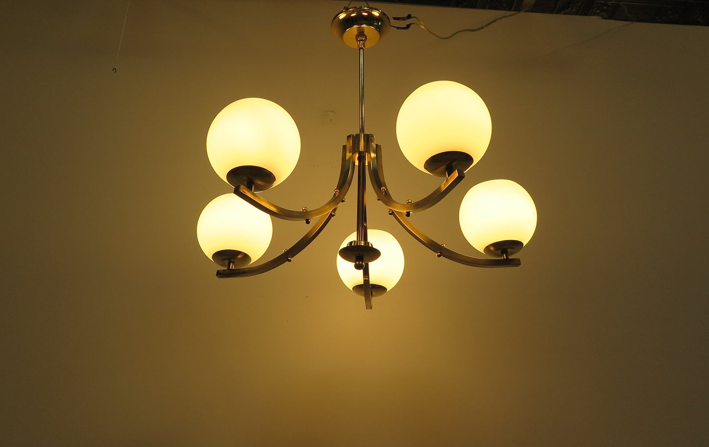 Mid Century Brass & Glass Chandelier Lightolier