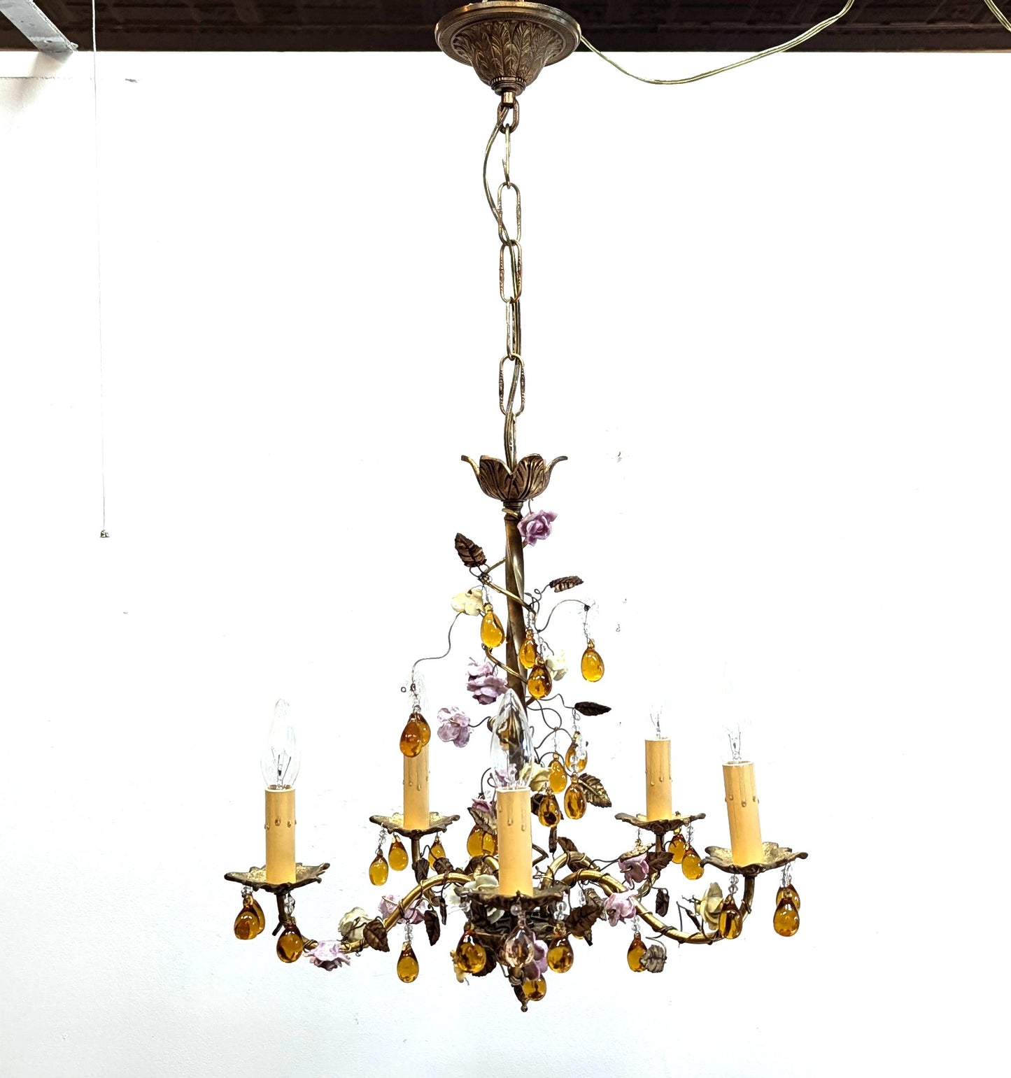 1940 French Tole Bronze with Ceramic Flowers Chandelier