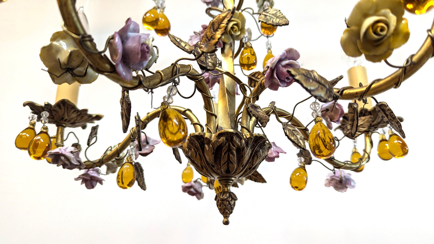 1940 French Tole Bronze with Ceramic Flowers Chandelier