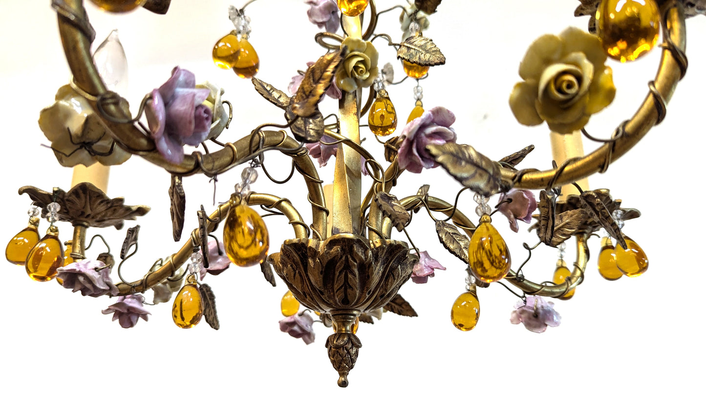 1940 French Tole Bronze with Ceramic Flowers Chandelier