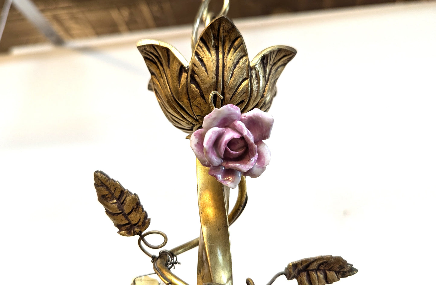 1940 French Tole Bronze with Ceramic Flowers Chandelier