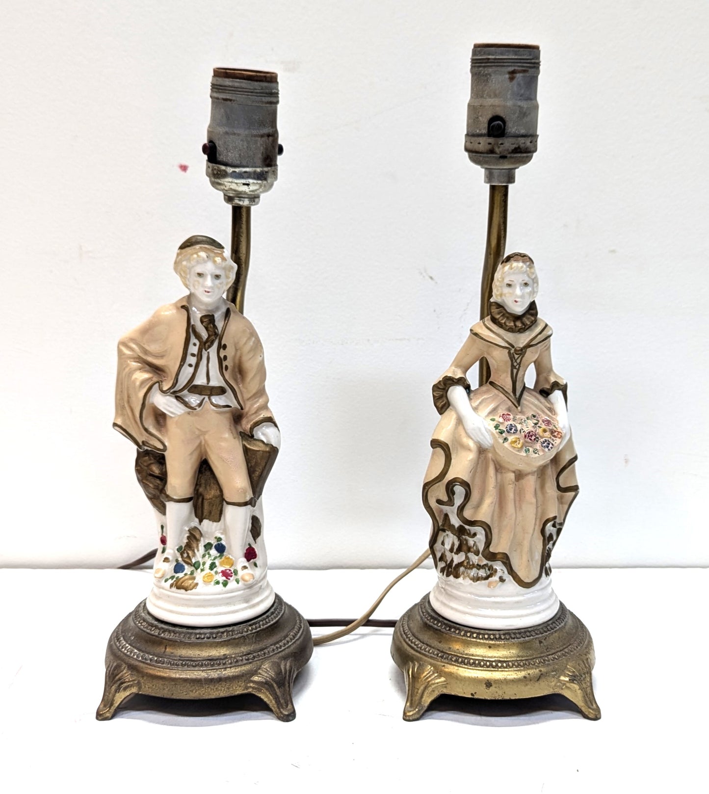 Victorian Porcelain Figural Lamps Man & Woman Pair