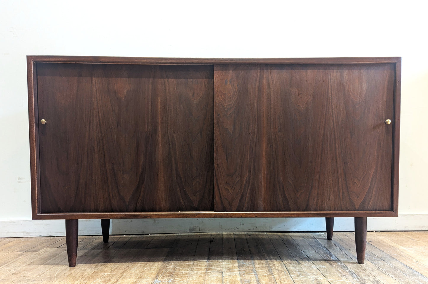 Mid-Century Modern Walnut Credenza Sideboard, Brass Accents, USA, 1960