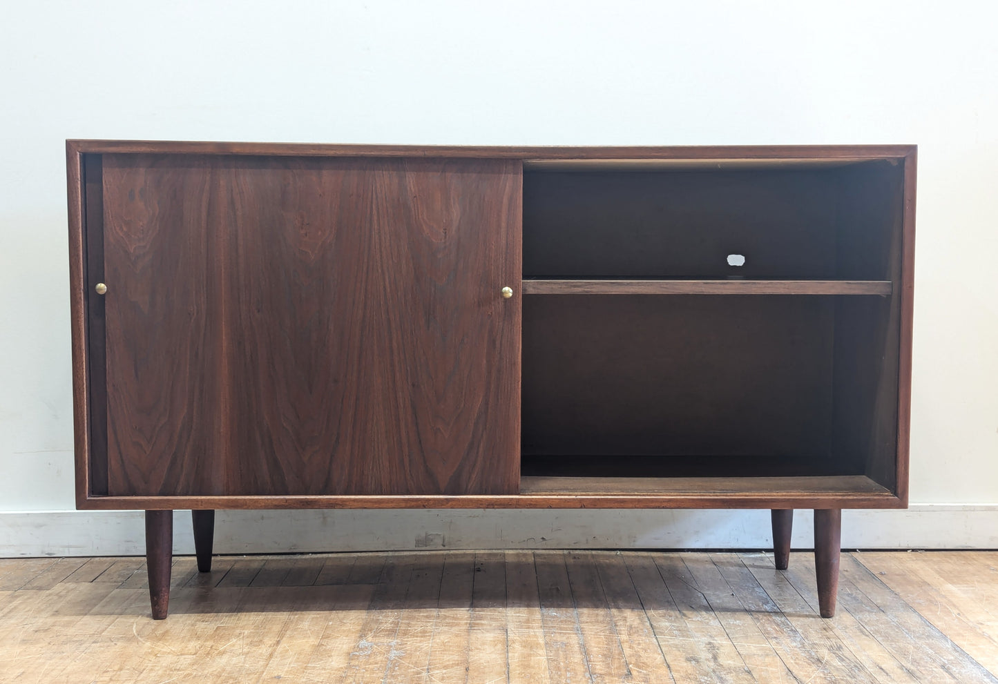 Mid-Century Modern Walnut Credenza Sideboard, Brass Accents, USA, 1960