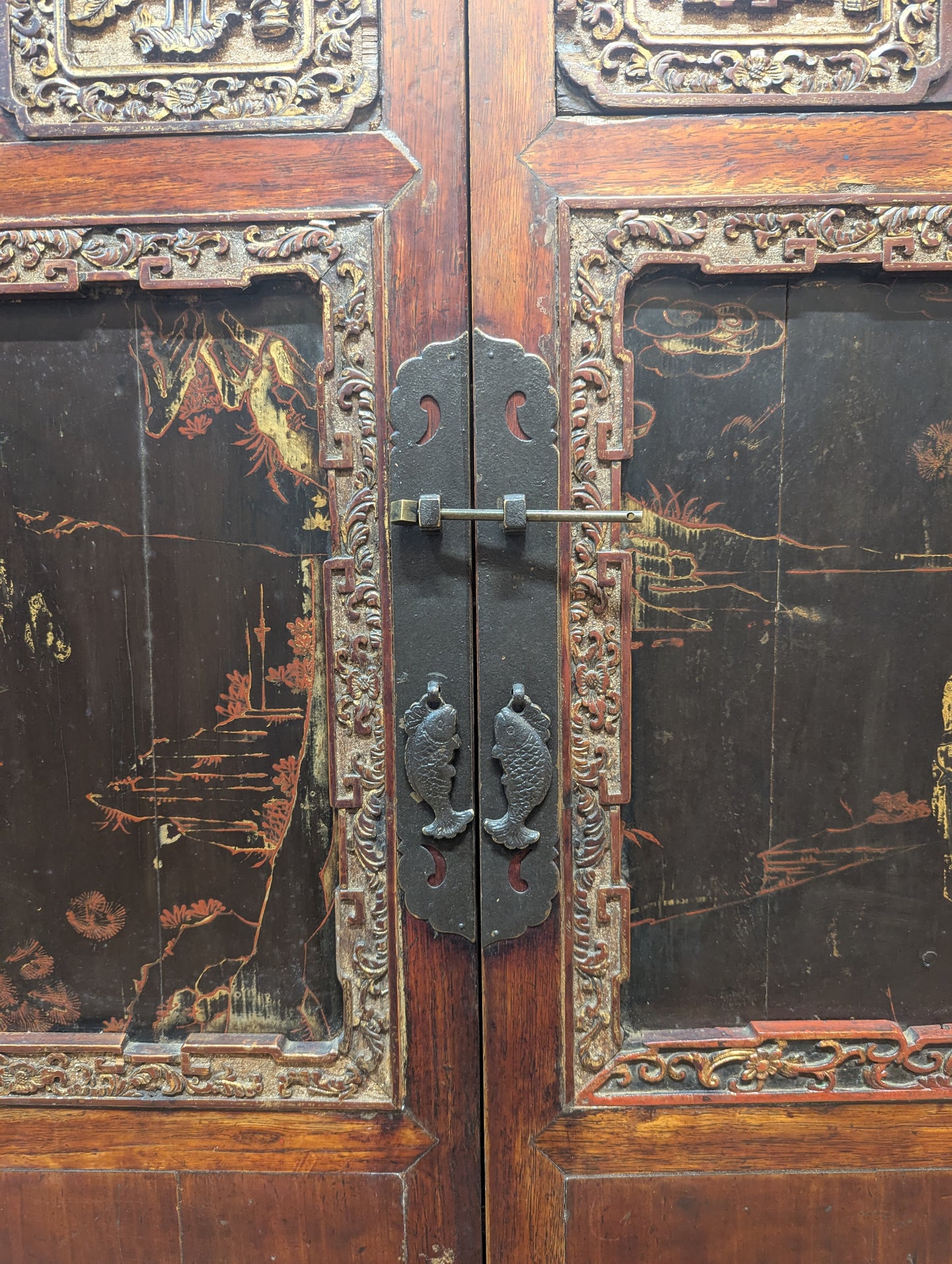 19th Century Fujian Province Cabinet – Cypress Wood carved Scenes