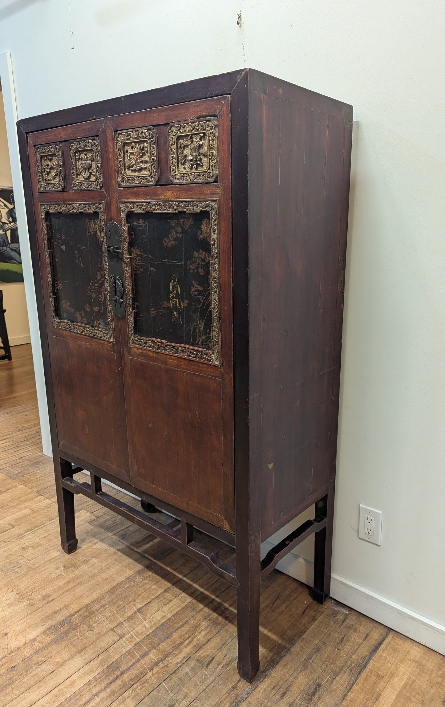19th Century Fujian Province Cabinet – Cypress Wood carved Scenes
