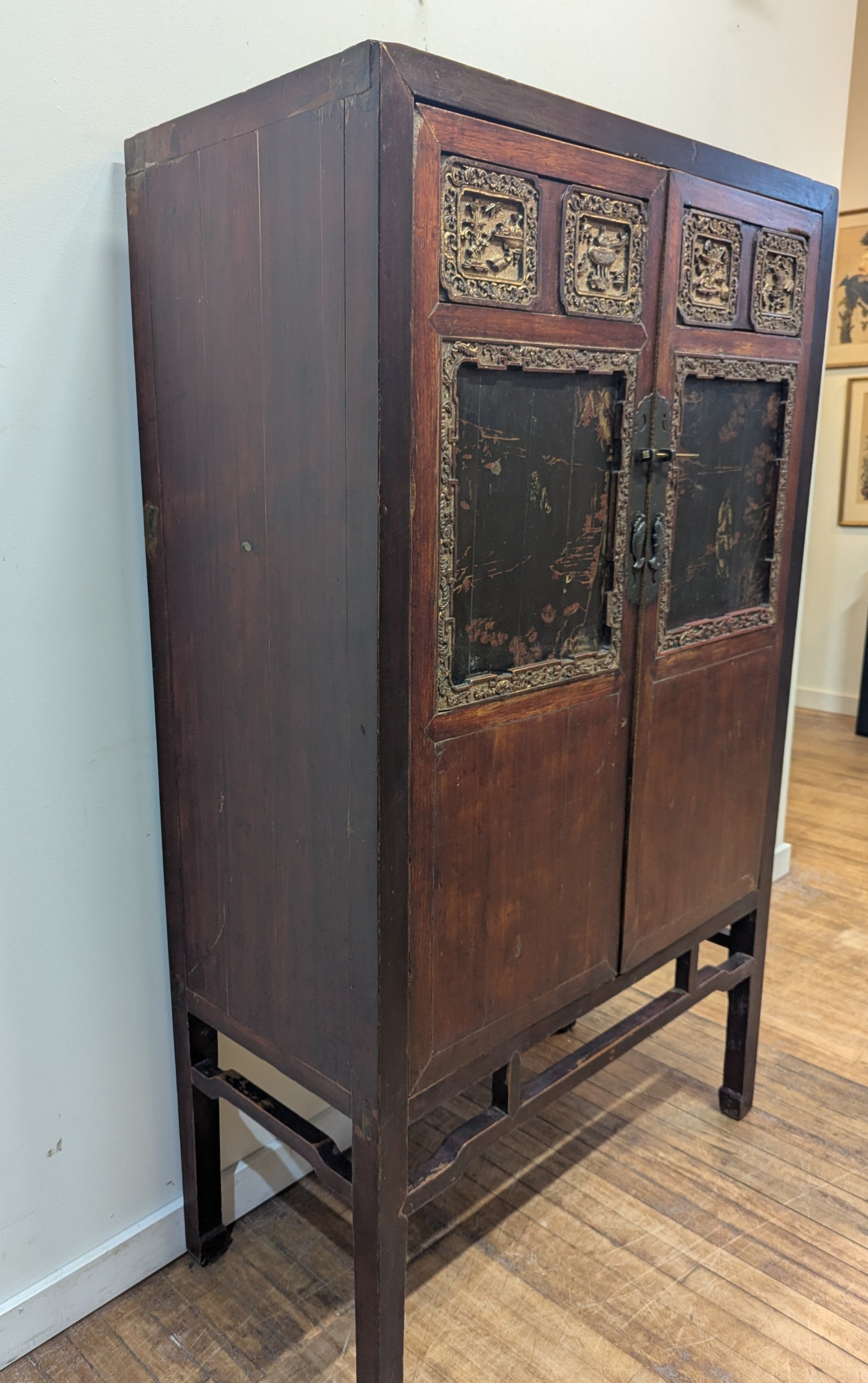 19th Century Fujian Province Cabinet – Cypress Wood carved Scenes