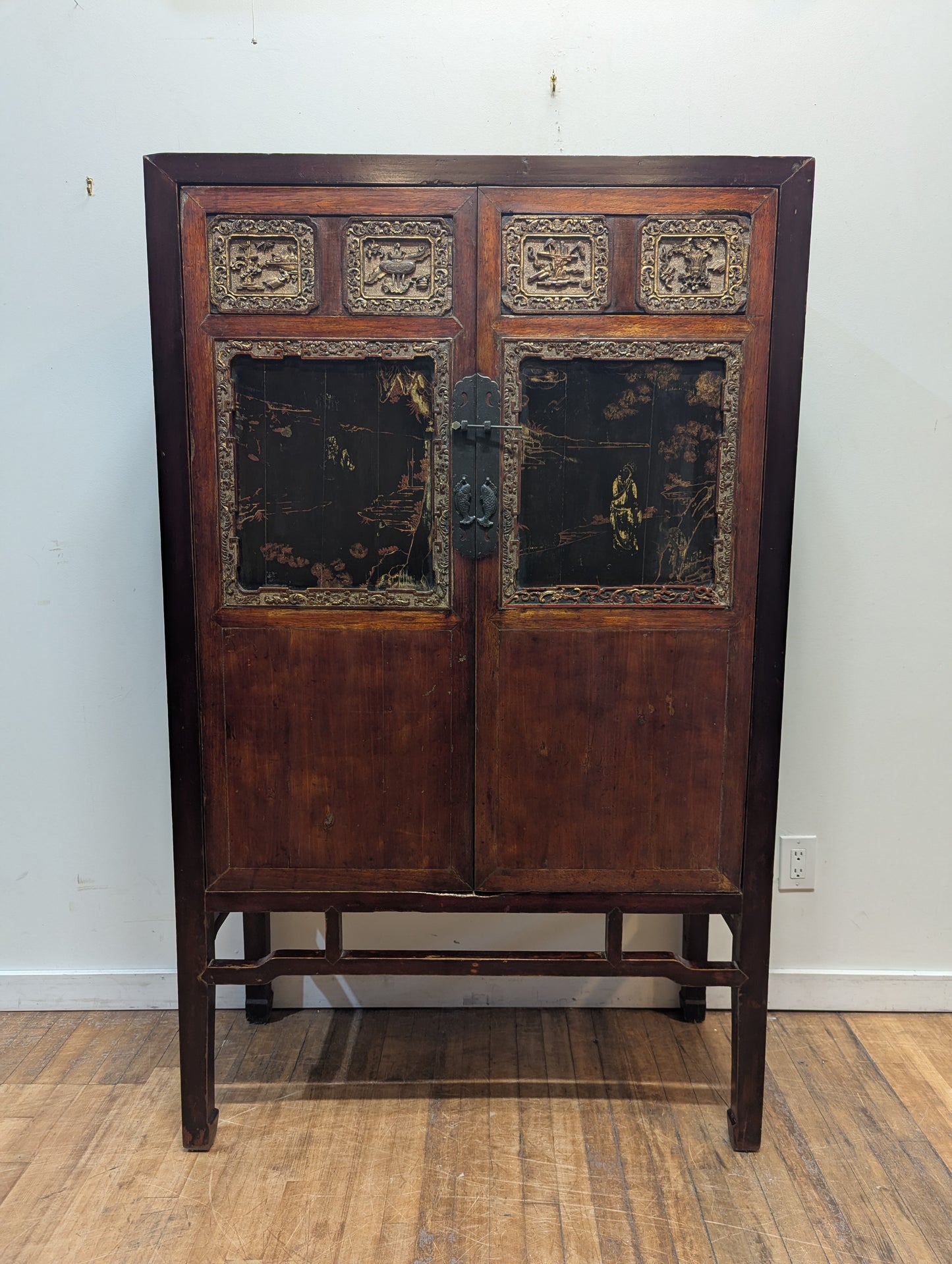 19th Century Fujian Province Cabinet – Cypress Wood carved Scenes