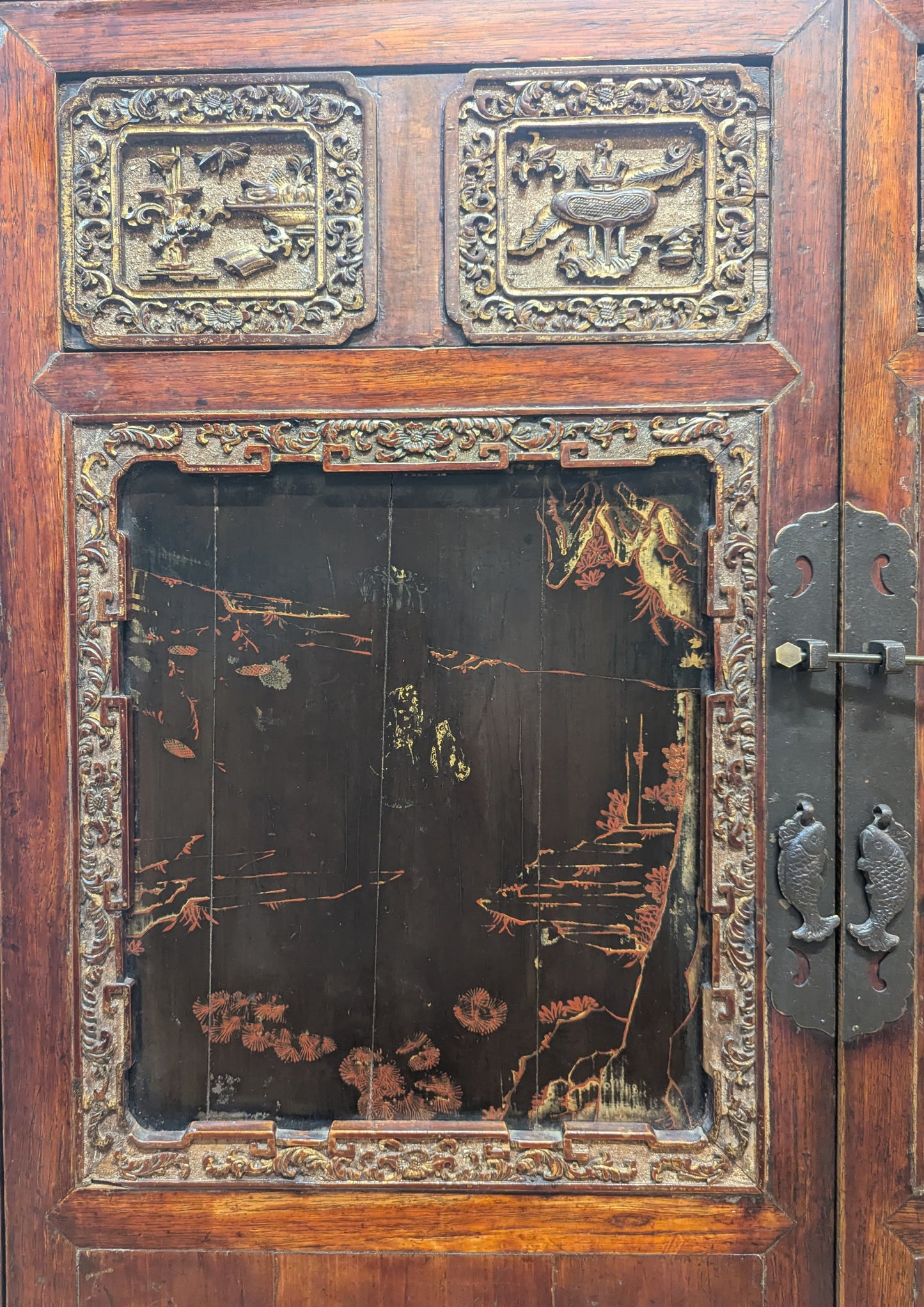 19th Century Fujian Province Cabinet – Cypress Wood carved Scenes