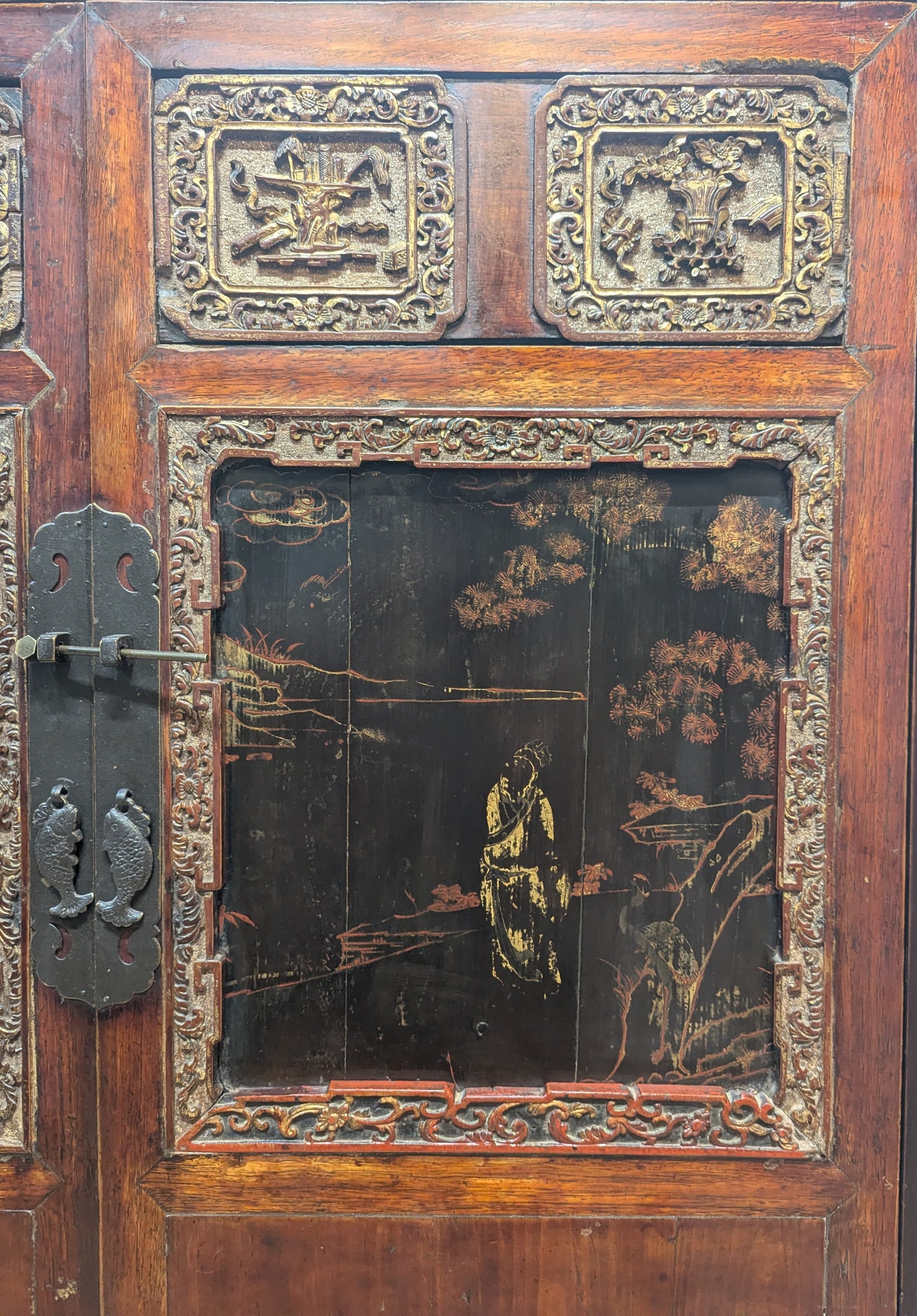 19th Century Fujian Province Cabinet – Cypress Wood carved Scenes
