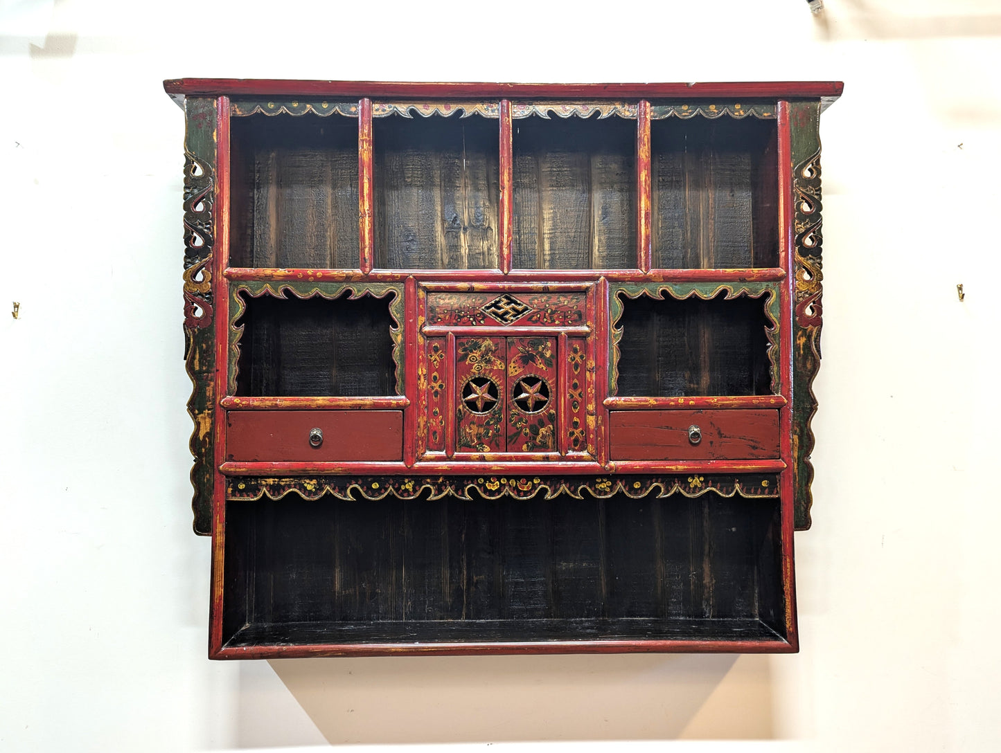 Antique Tibetan Polychrome Lacquer Hanging Altar Shelf