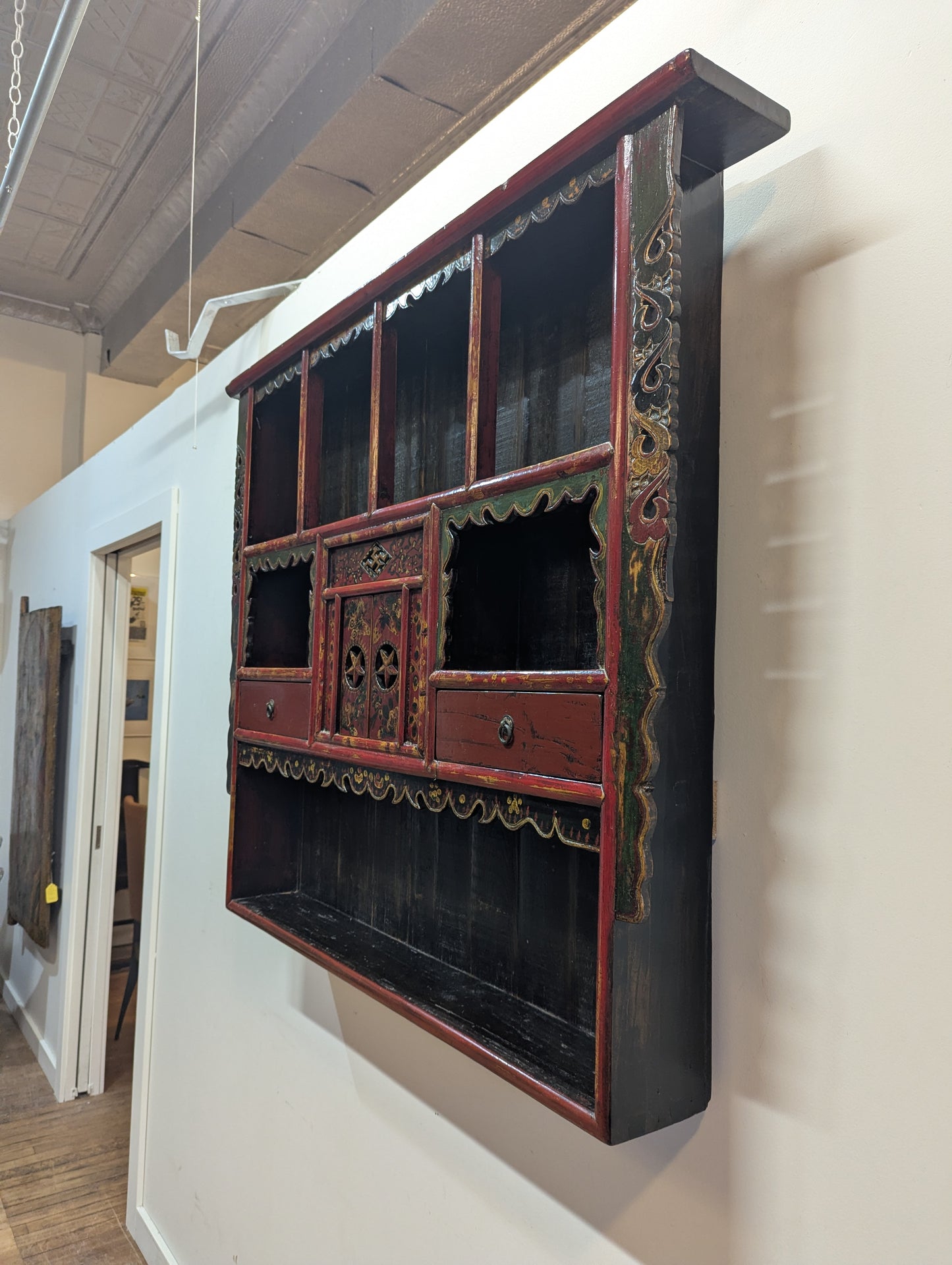 Antique Tibetan Polychrome Lacquer Hanging Altar Shelf