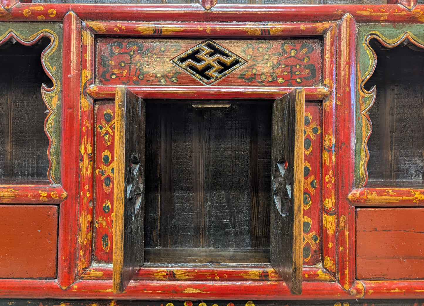Antique Tibetan Polychrome Lacquer Hanging Altar Shelf