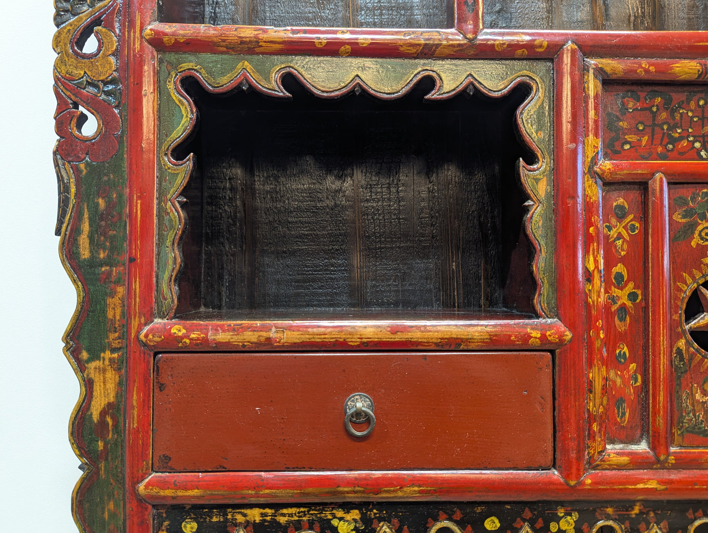 Antique Tibetan Polychrome Lacquer Hanging Altar Shelf