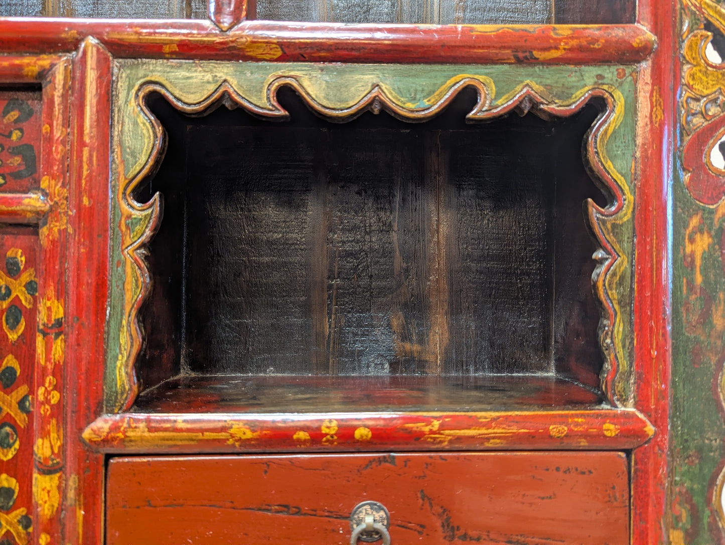 Antique Tibetan Polychrome Lacquer Hanging Altar Shelf