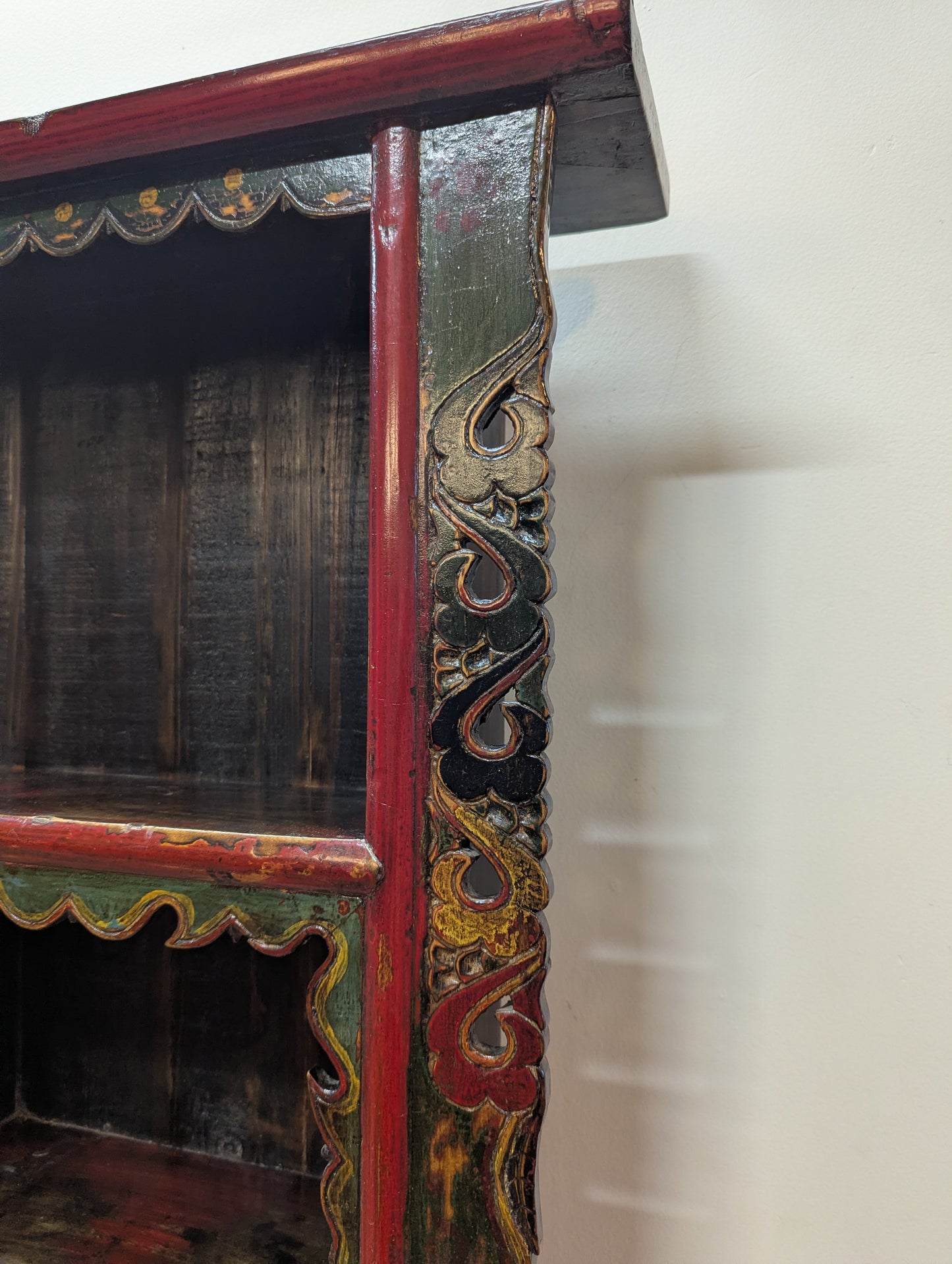 Antique Tibetan Polychrome Lacquer Hanging Altar Shelf