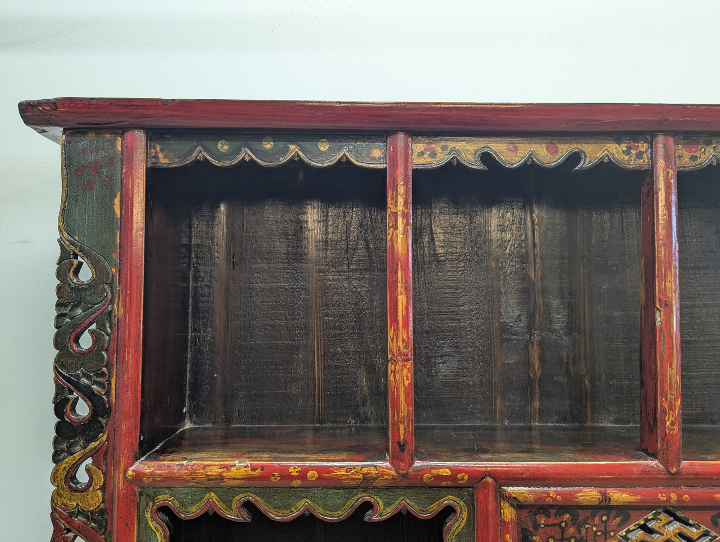 Antique Tibetan Polychrome Lacquer Hanging Altar Shelf