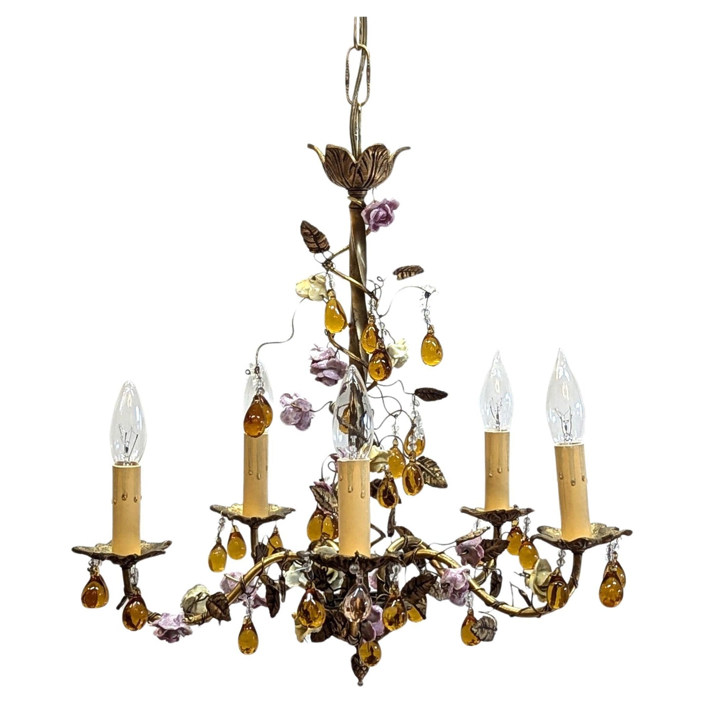 1940 French Tole Bronze with Ceramic Flowers Chandelier